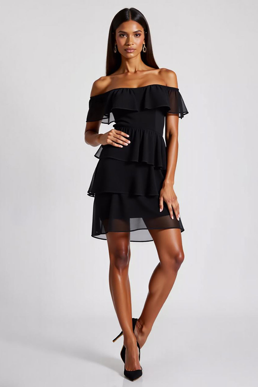 Off the Shoulder Tiered Chiffon Little Black Dress