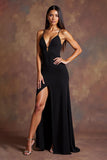 Black Spaghetti Straps Satin Long Formal Dress with Slit