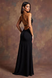 Black Spaghetti Straps Satin Long Formal Dress with Slit