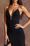 Black Spaghetti Straps Satin Long Formal Dress with Slit