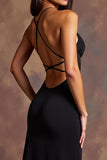 Black Spaghetti Straps Satin Long Formal Dress with Slit