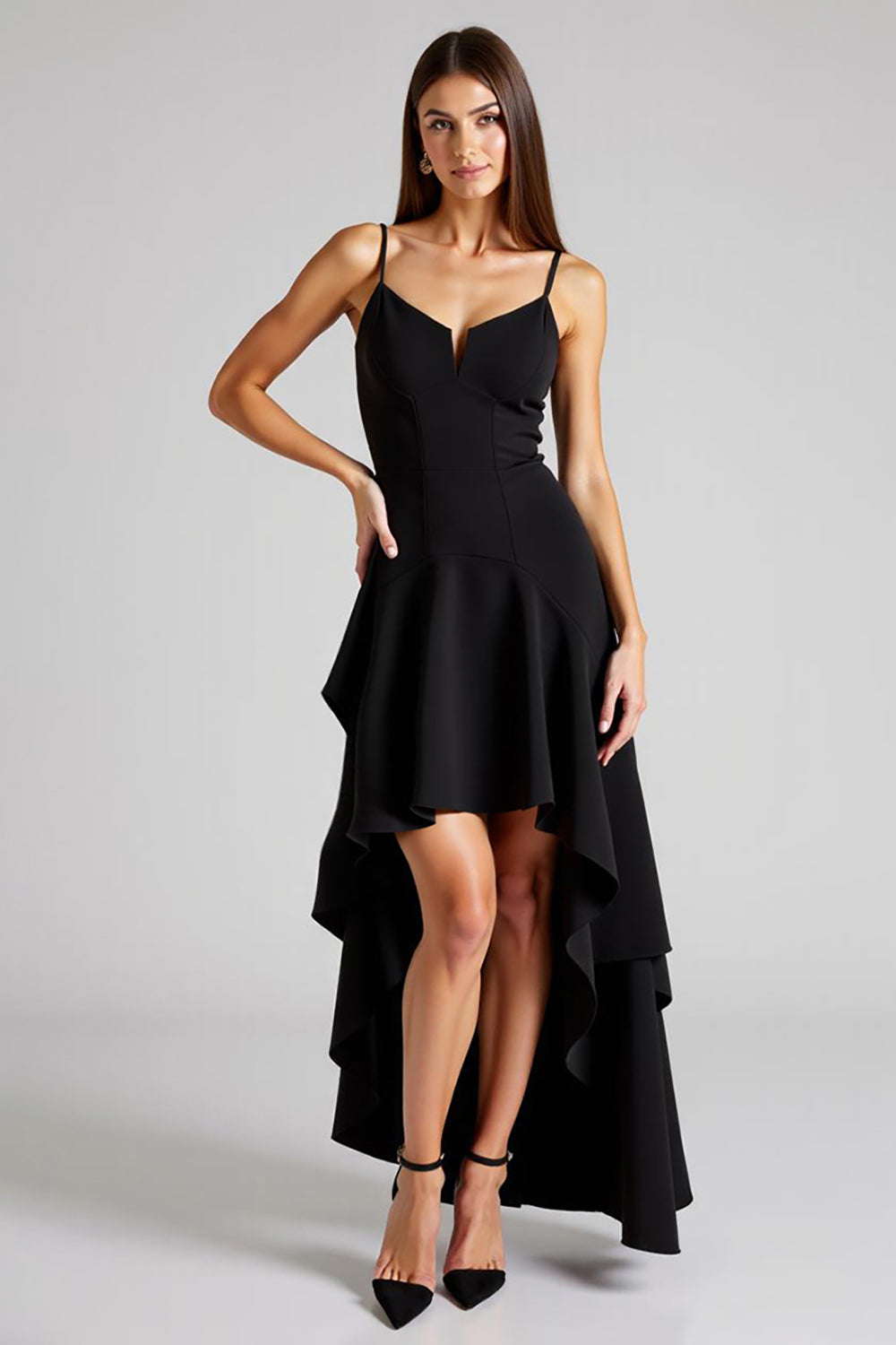 Black Spaghetti Straps A Line Asymmetrical Formal Dress