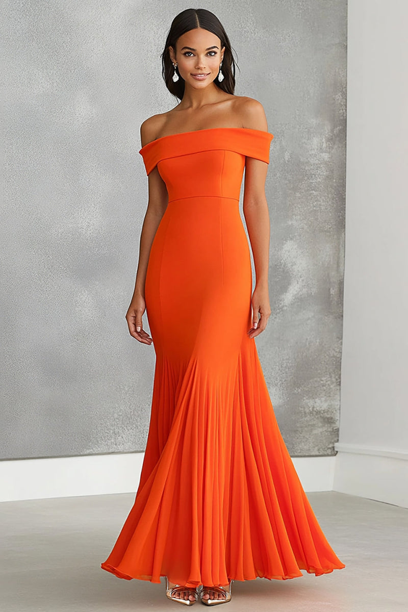 Load image into Gallery viewer, Orange Off the Shoulder Mermaid Long Formal Dress