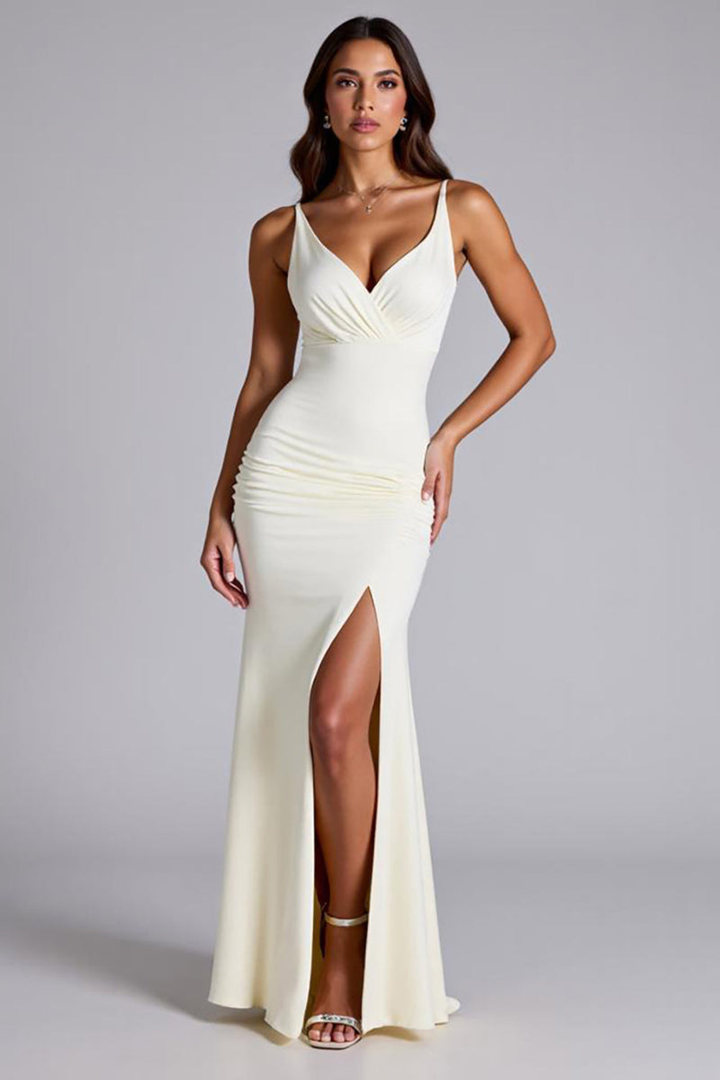 Load image into Gallery viewer, Ivory V-Neck Matte Satin Ruched Formal Dress with Slit