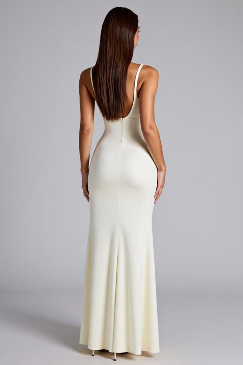 Load image into Gallery viewer, Ivory V-Neck Matte Satin Ruched Formal Dress with Slit