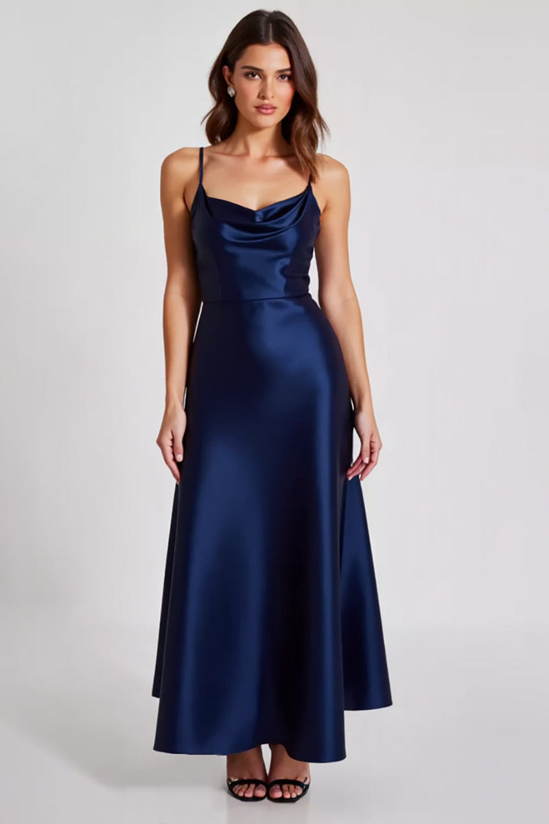 Load image into Gallery viewer, Satin Navy A Line Spaghetti Straps Formal Dress