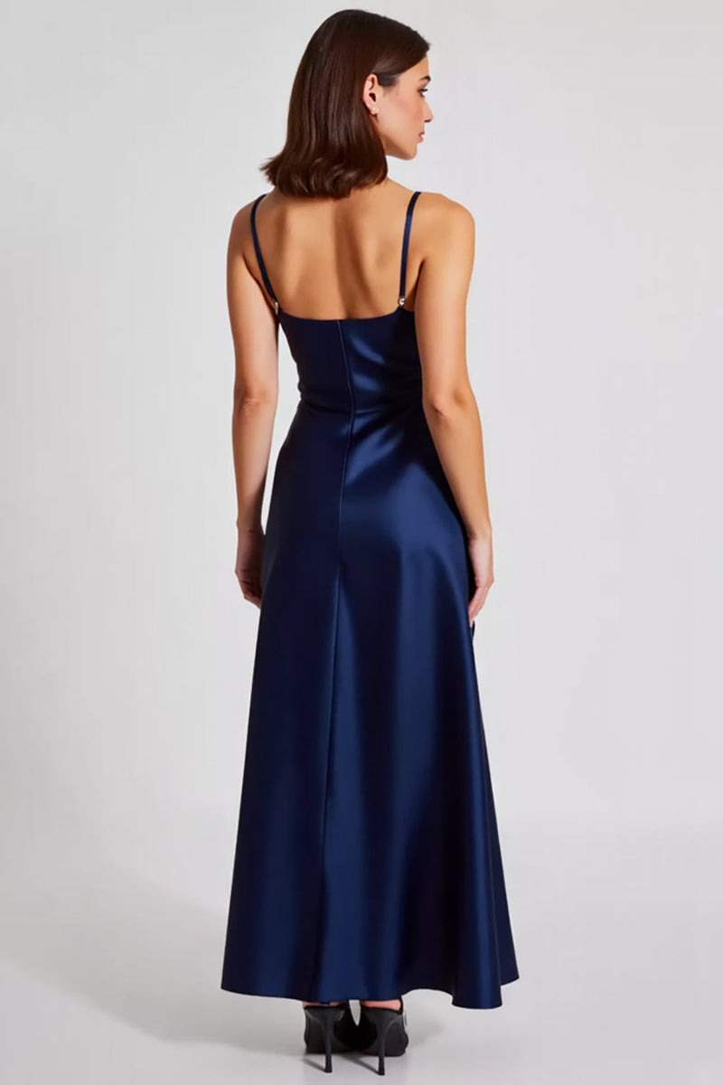 Load image into Gallery viewer, Satin Navy A Line Spaghetti Straps Formal Dress