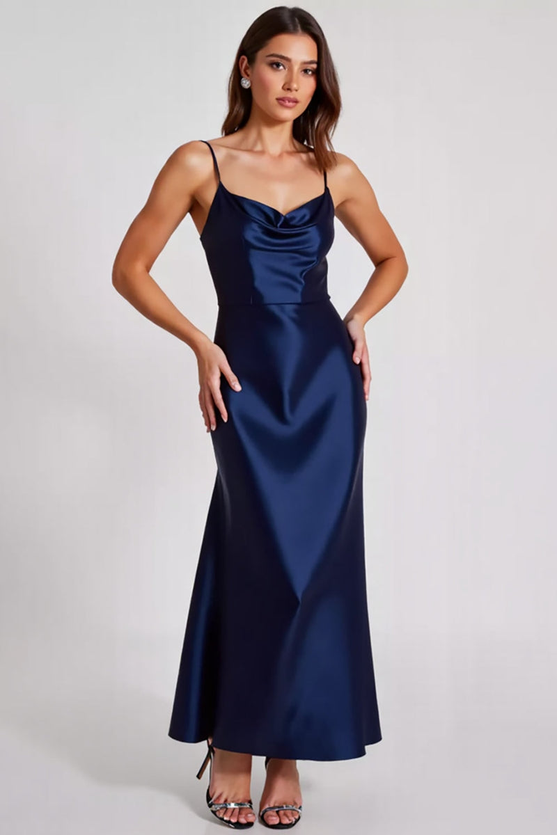 Load image into Gallery viewer, Satin Navy A Line Spaghetti Straps Formal Dress