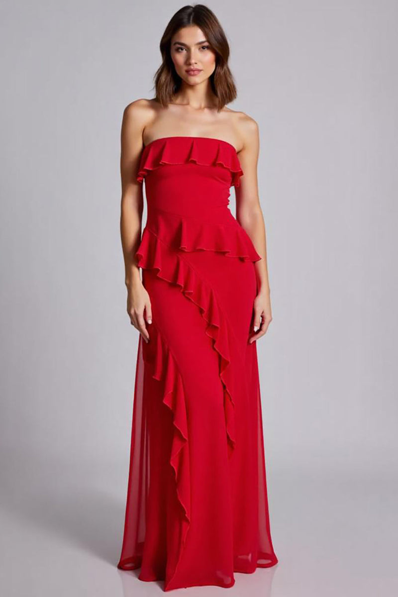 Load image into Gallery viewer, Red Ruffled Strapless A Line Chiffon Long Formal Dress