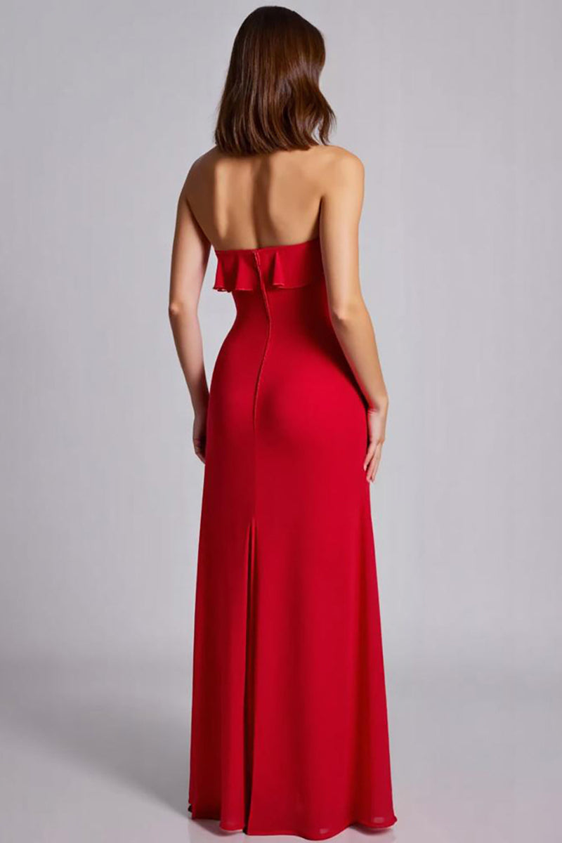 Load image into Gallery viewer, Red Ruffled Strapless A Line Chiffon Long Formal Dress