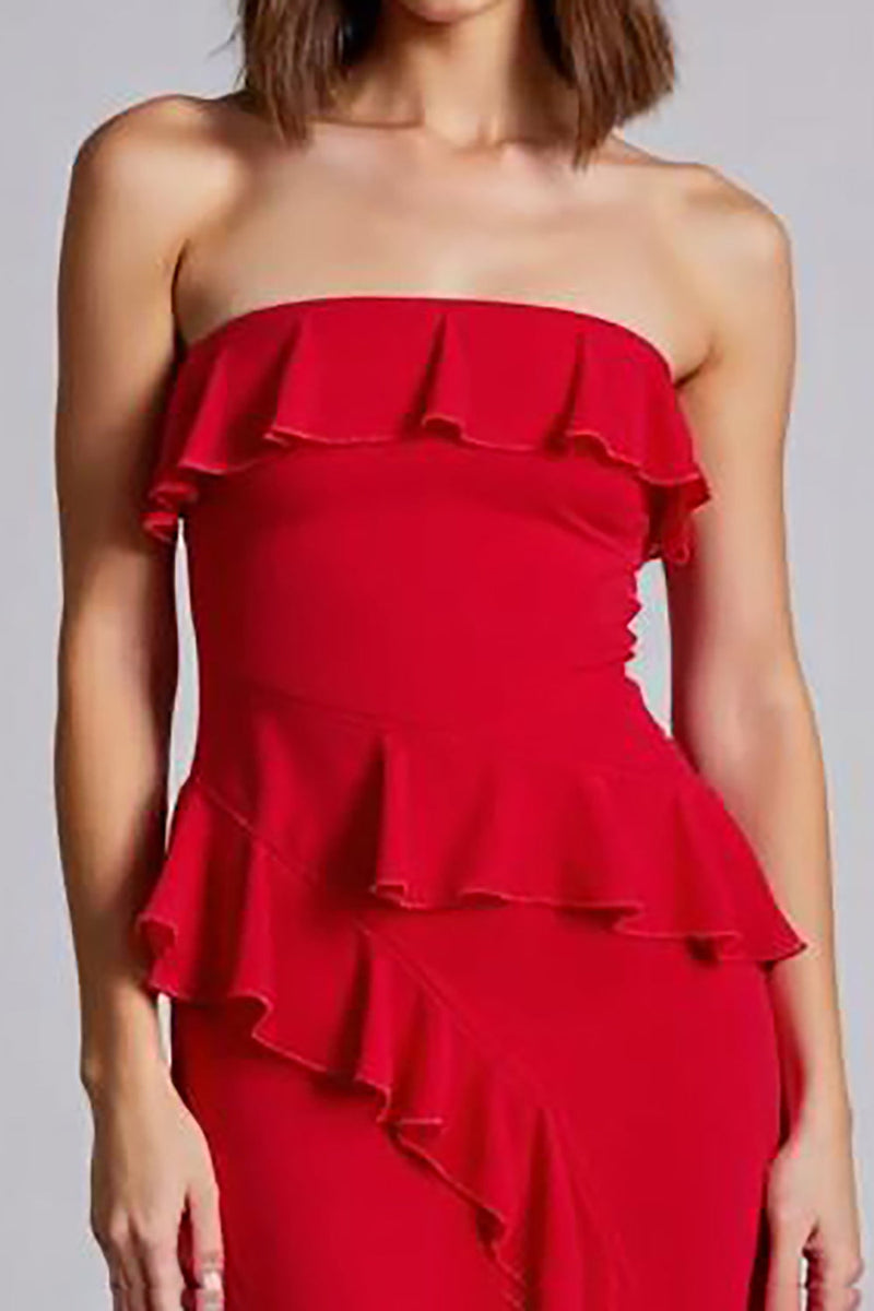 Load image into Gallery viewer, Red Ruffled Strapless A Line Chiffon Long Formal Dress