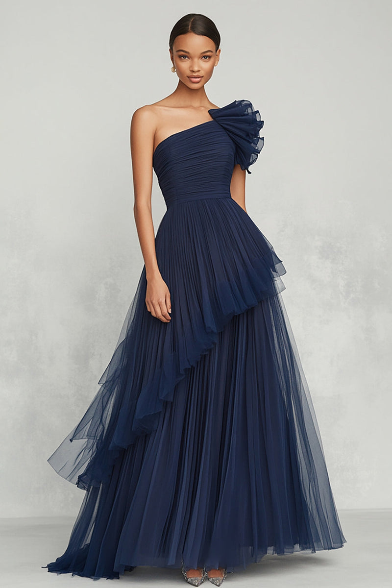 Load image into Gallery viewer, Navy Tulle A Line One Shoulder Ruched Formal Dress
