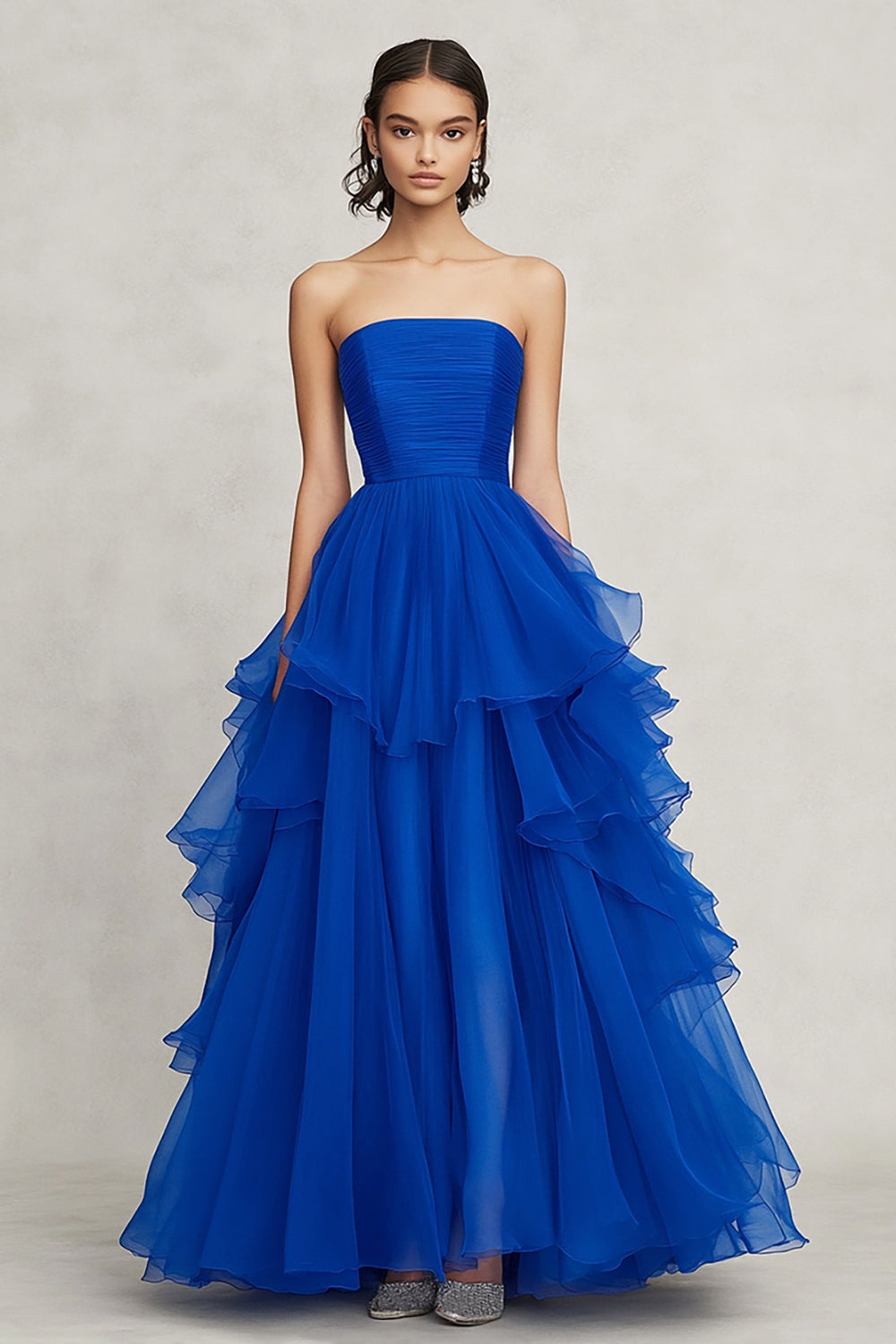 Chiffon Royal Blue Strapless Ruffled A Line Formal Dress