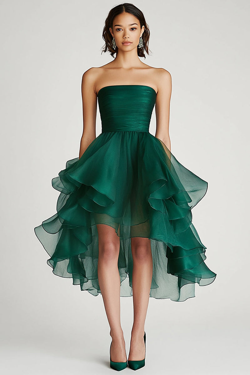 Load image into Gallery viewer, Dark Green Organza A Line Strapless Ruffles Short Formal Dress