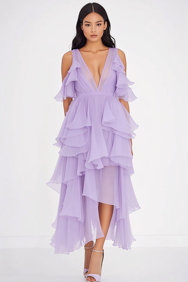 Load image into Gallery viewer, Deep V Neck Chiffon Lilac Ruffled Formal Dress