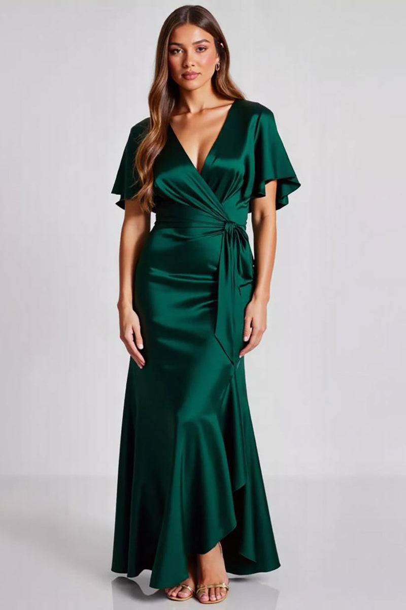 Load image into Gallery viewer, Dark Green Satin Short Sleeves V Neck A Line Formal Dress