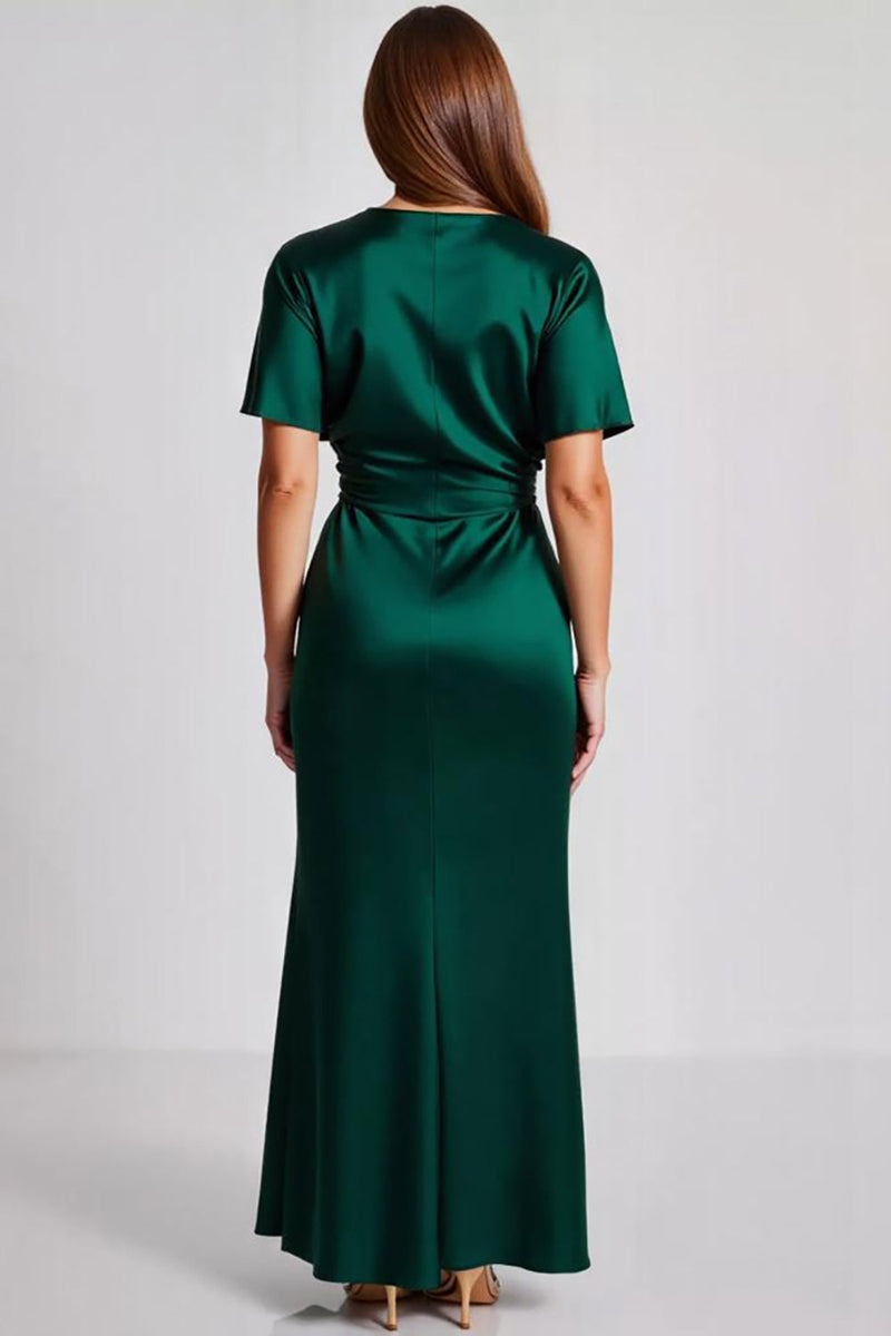 Load image into Gallery viewer, Dark Green Satin Short Sleeves V Neck A Line Formal Dress