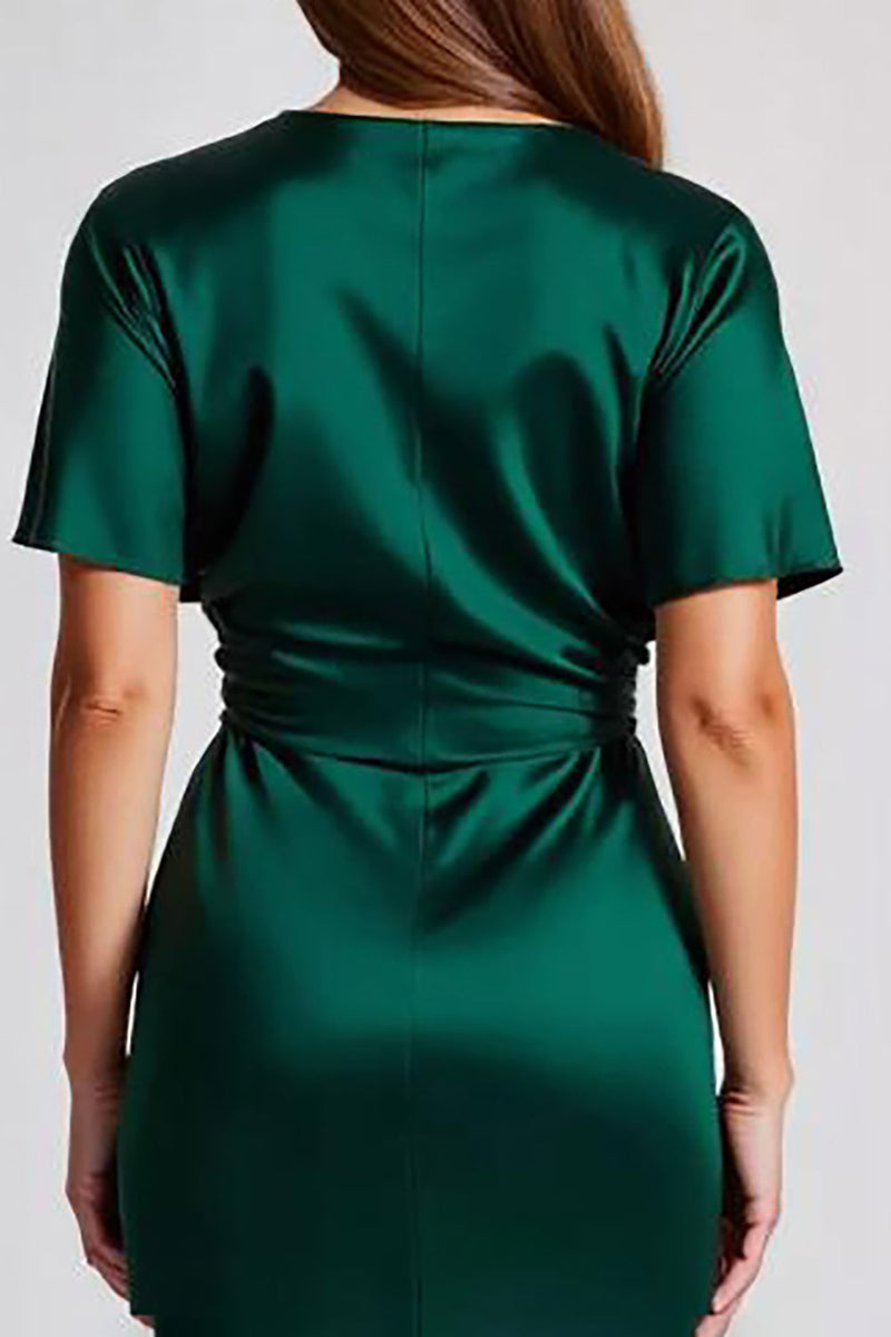 Load image into Gallery viewer, Dark Green Satin Short Sleeves V Neck A Line Formal Dress