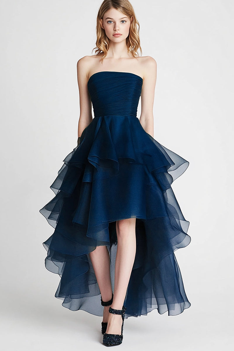 Load image into Gallery viewer, Organza A Line Navy Strapless Tiered Formal Dress