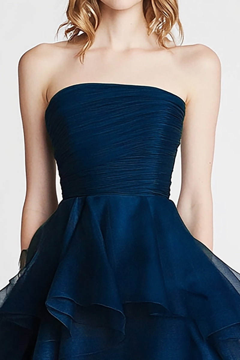 Load image into Gallery viewer, Organza A Line Navy Strapless Tiered Formal Dress