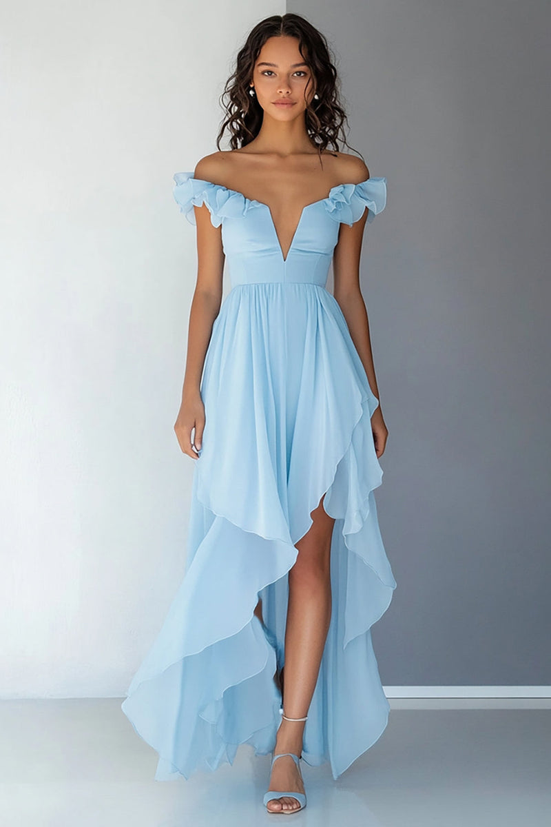 Load image into Gallery viewer, Off the Shoulder Sky Blue Chiffon Ruffled A Line Party Dress