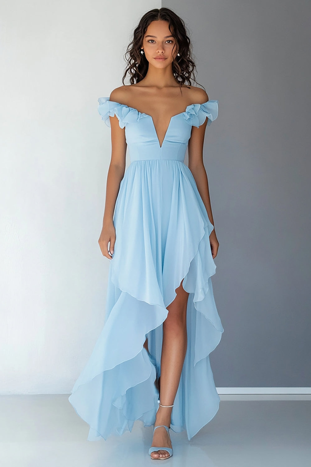 Off the Shoulder Sky Blue Chiffon Ruffled A Line Party Dress