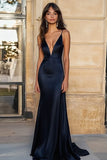 Deep V Neck Satin Navy Spaghetti Straps Mermaid Formal Dress