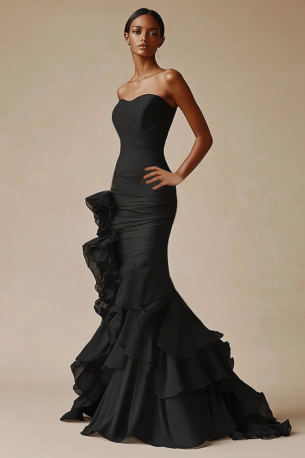 Black Strapless Organza Saitn Ruched Ruffled Mermaid Formal Dress