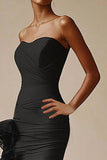 Black Strapless Organza Saitn Ruched Ruffled Mermaid Formal Dress