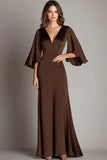 Coffee Satin V Neck Sheath 3/4 Sleeves Formal Dress