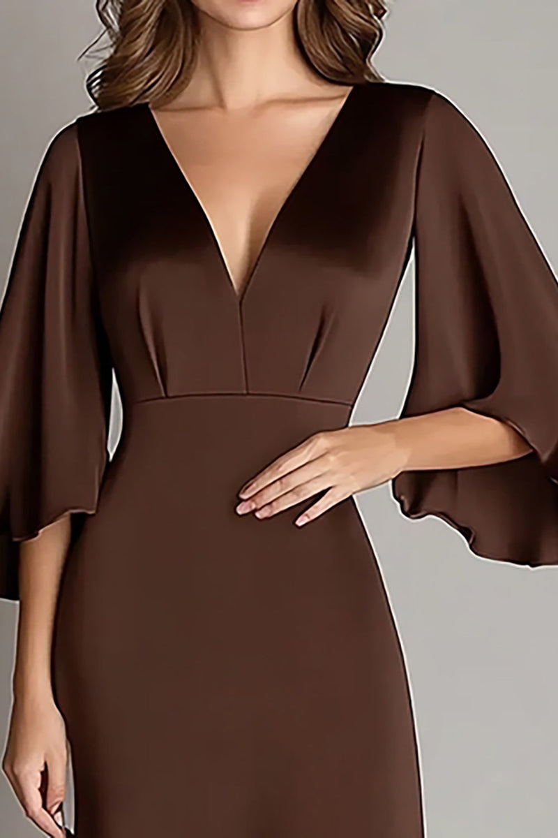 Load image into Gallery viewer, Coffee Satin V Neck Sheath 3/4 Sleeves Formal Dress
