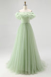 Dusty Sage A Line Off the Shoulder Tulle Prom Dress with Ruffles