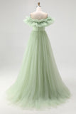 Dusty Sage A Line Off the Shoulder Tulle Prom Dress with Ruffles