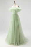 Dusty Sage A Line Off the Shoulder Tulle Prom Dress with Ruffles