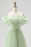 Dusty Sage A Line Off the Shoulder Tulle Prom Dress with Ruffles