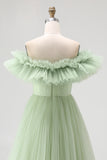 Dusty Sage A Line Off the Shoulder Tulle Prom Dress with Ruffles