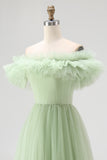 Dusty Sage A Line Off the Shoulder Tulle Prom Dress with Ruffles