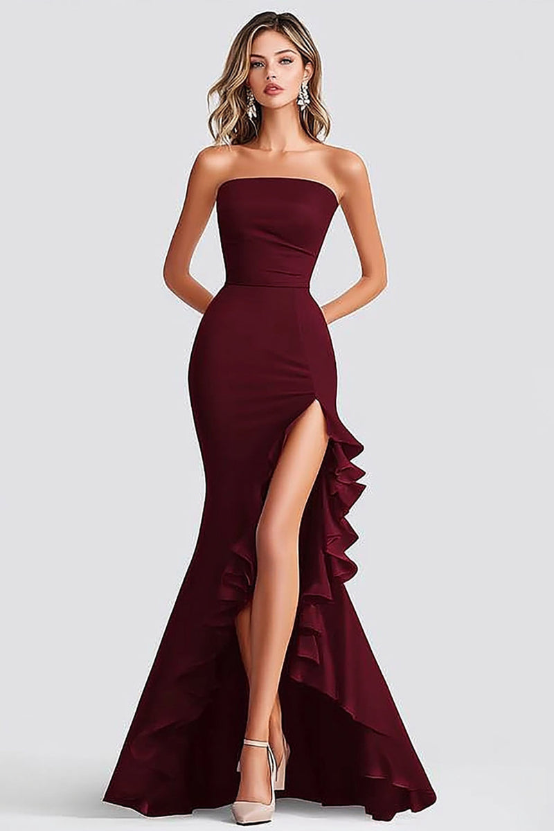 Load image into Gallery viewer, Burgundy Mermaid Strapless Ruffled Slit Formal Dress