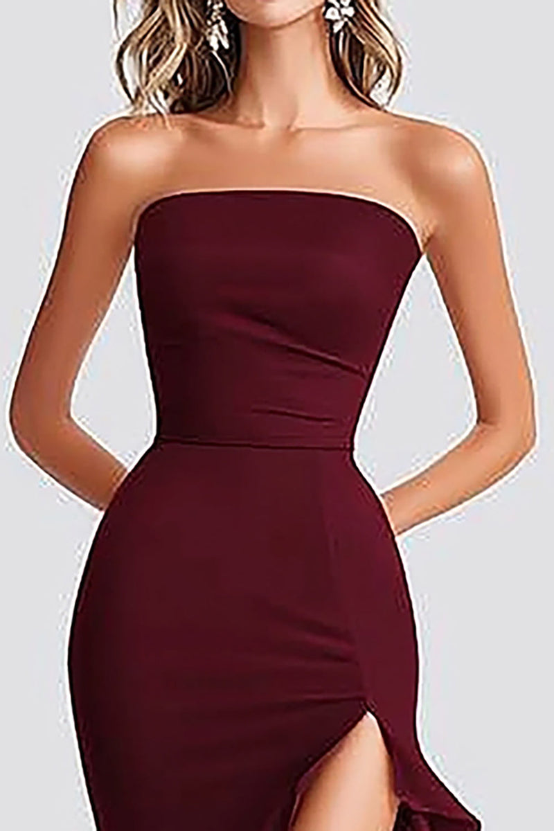 Load image into Gallery viewer, Burgundy Mermaid Strapless Ruffled Slit Formal Dress