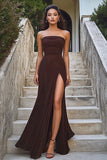 Strapless Coffee Sheath Ruched Formal Dress with Slit