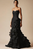 Strapless Black Mermaid Ruffles Formal Dress