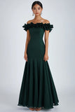 Dark Green Off The Shoulder Ruffles Ruched Formal Dress