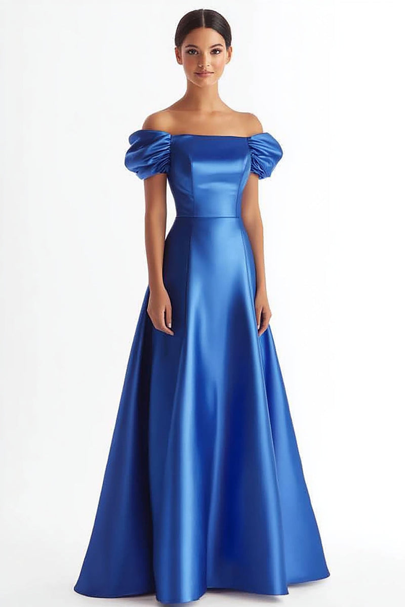 Load image into Gallery viewer, Royal Blue Off The Shoulder Satin Formal Dress