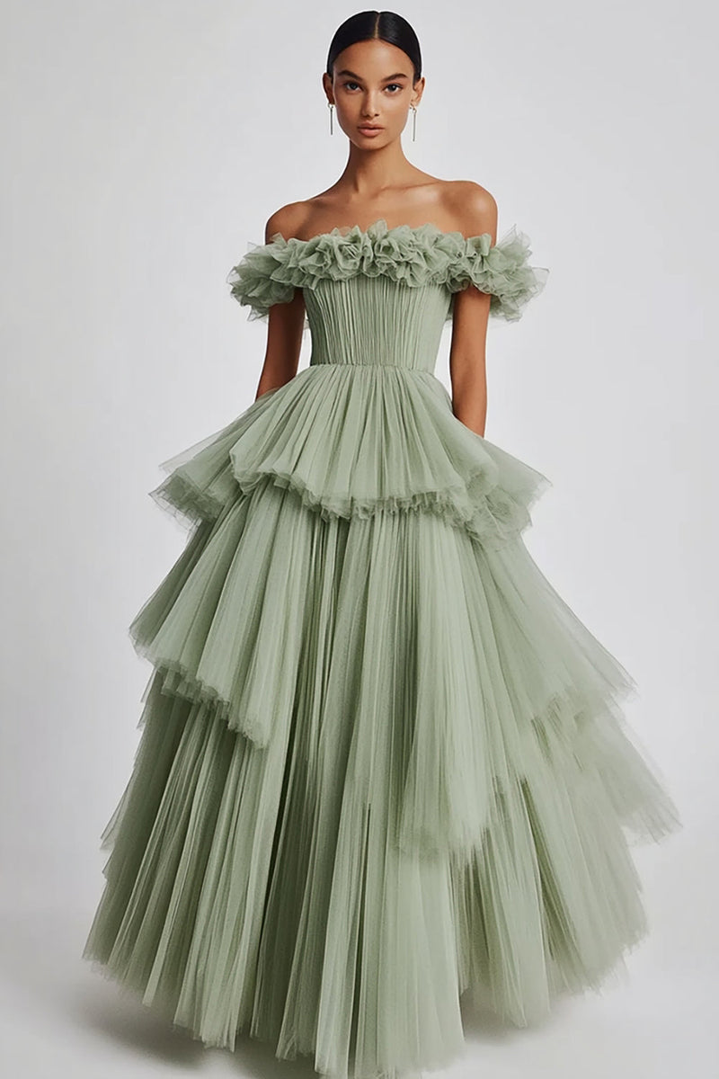 Load image into Gallery viewer, Dusty Sage Off The Shoulder A Line Ruffles Prom Dress