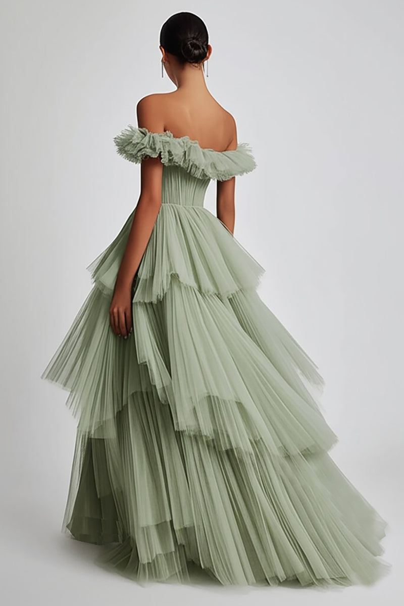 Load image into Gallery viewer, Dusty Sage Off The Shoulder A Line Ruffles Prom Dress