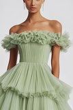 Dusty Sage Off The Shoulder A Line Ruffles Prom Dress