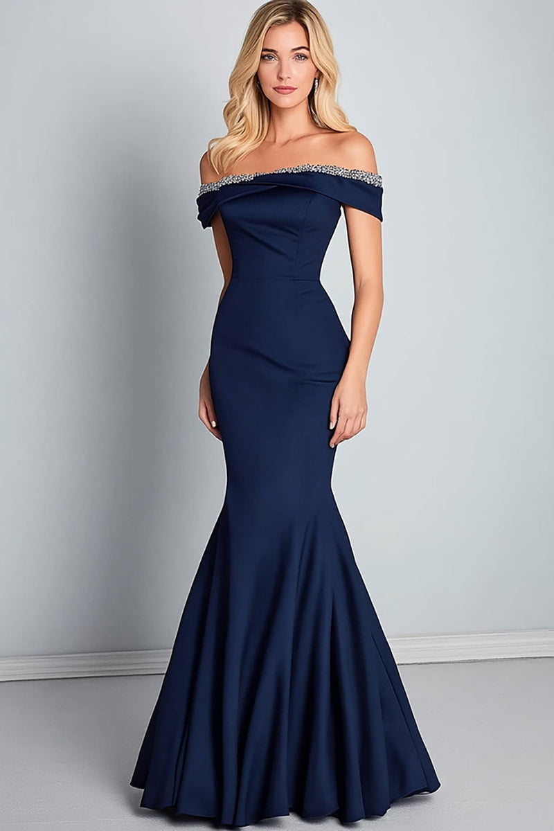 Load image into Gallery viewer, Navy Off The Shoulder Mermaid Ruched Formal Dress