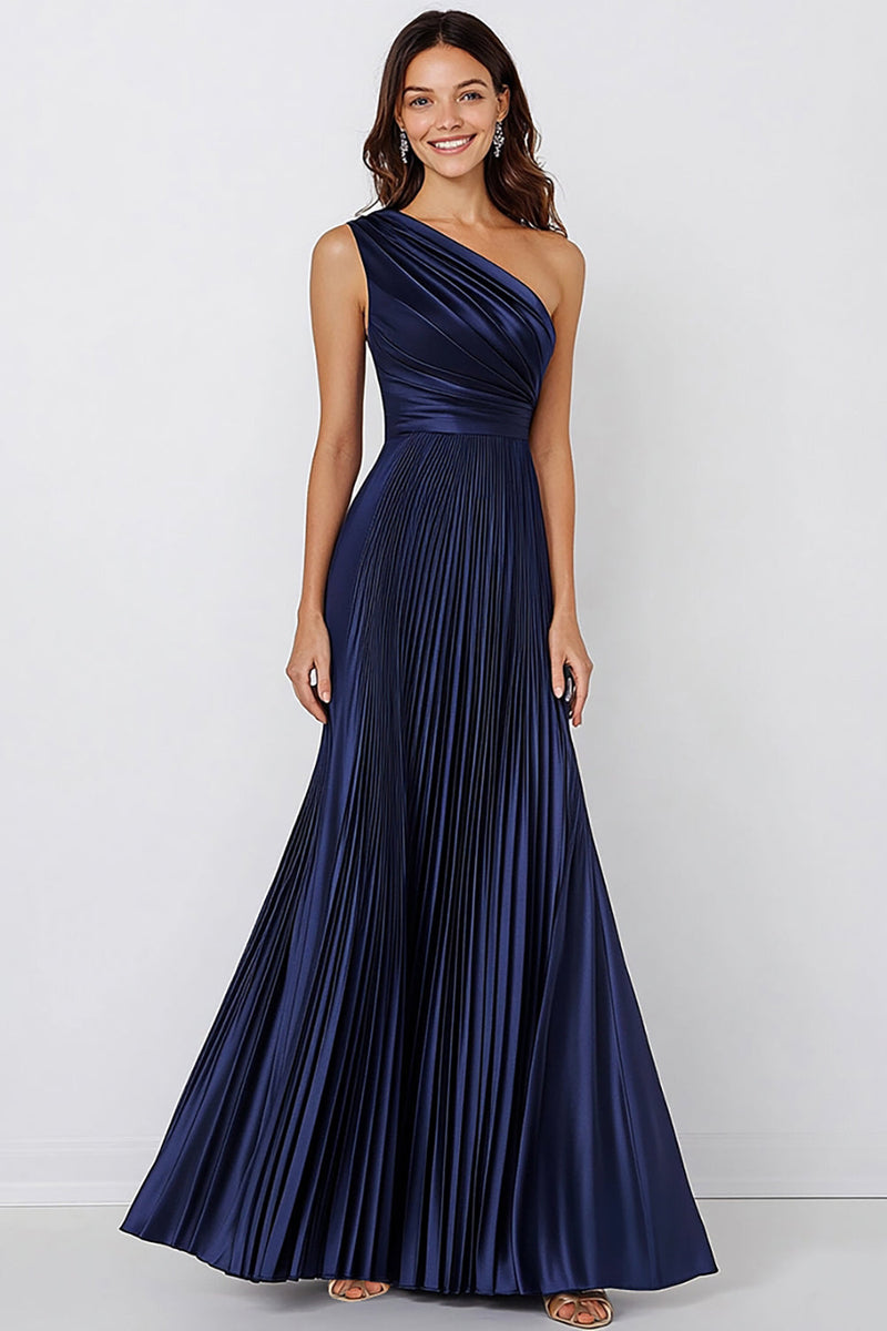 Load image into Gallery viewer, One Shoulder Navy Satin Mermaid Formal Dress