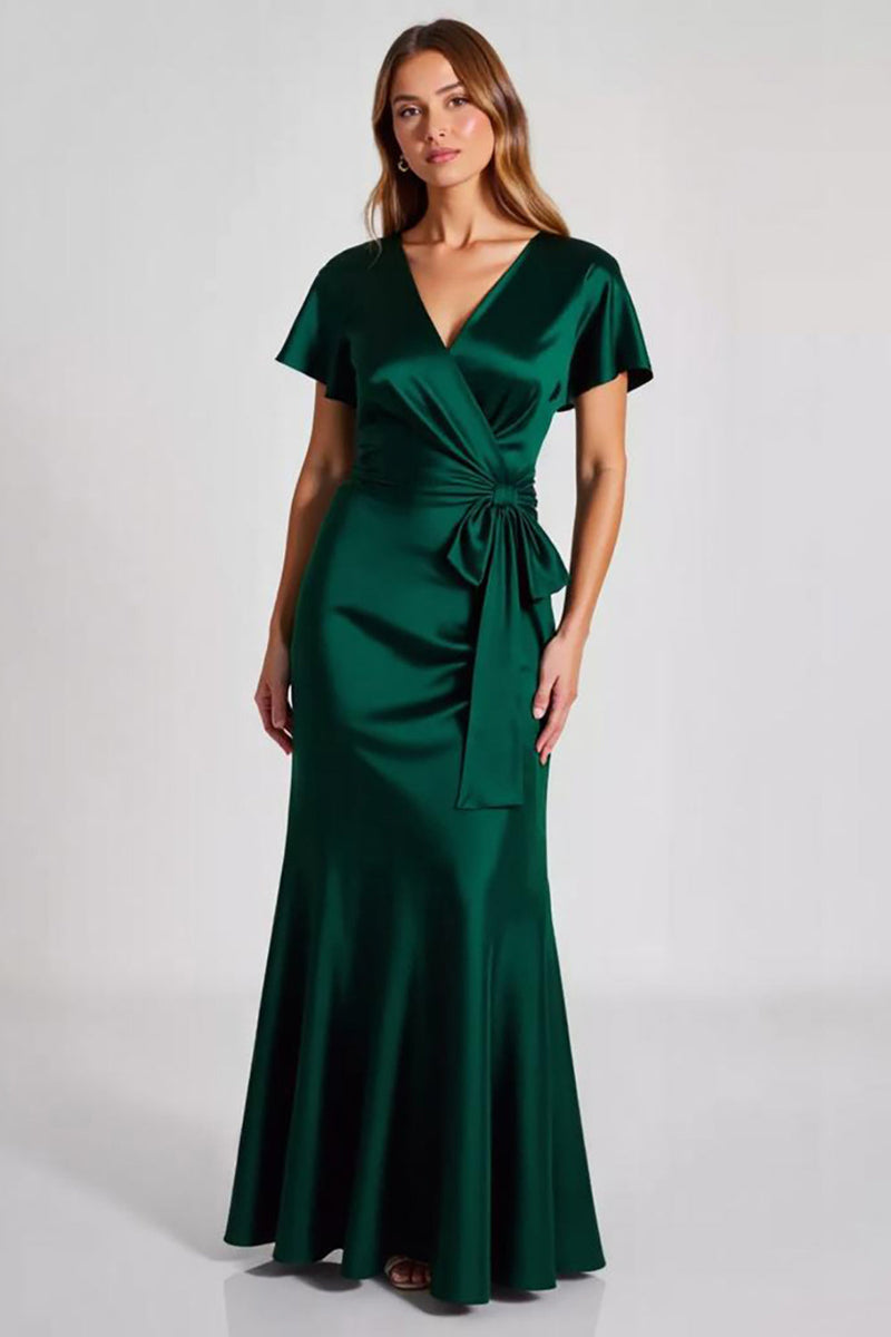 Load image into Gallery viewer, Dark Green V-Neck Sheath Satin Formal Dress with Short Sleeves