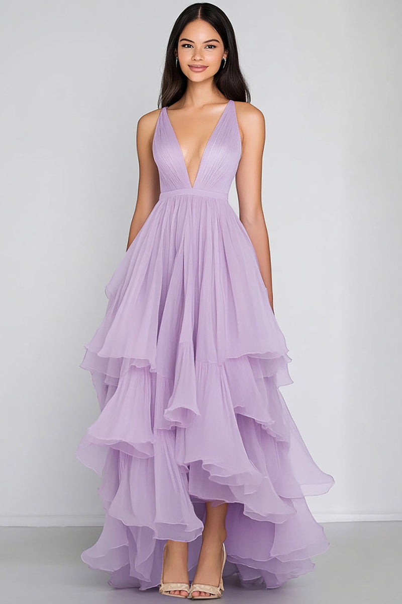 Load image into Gallery viewer, Lilac A Line V-Neck Tiered Ruffles Formal Dress